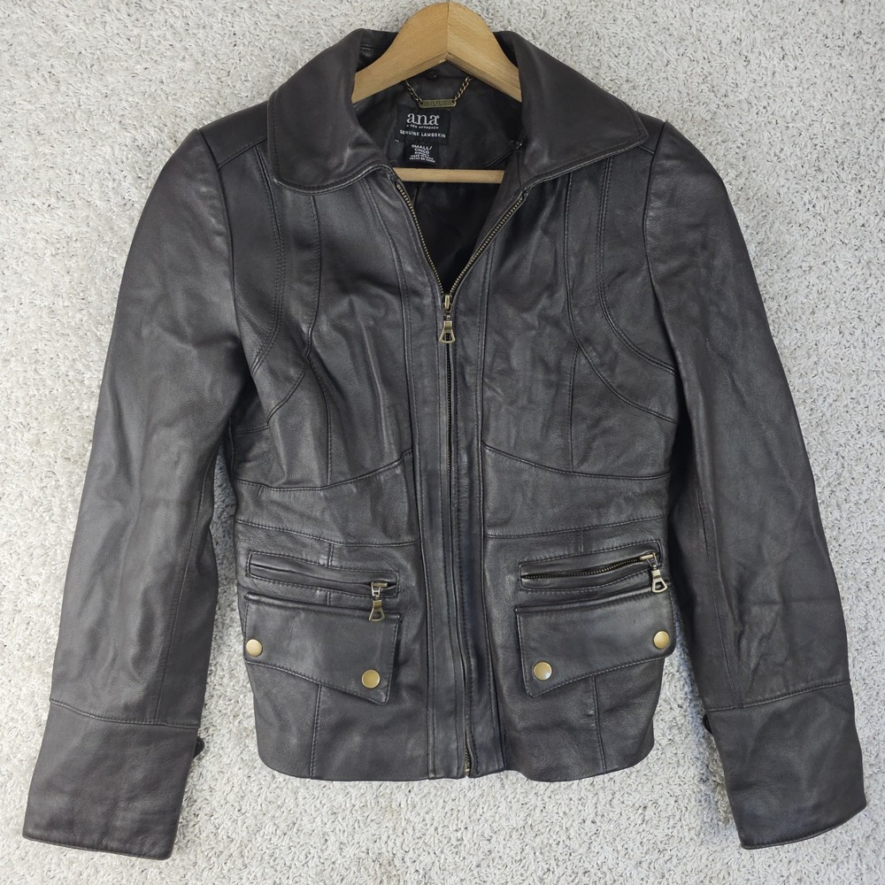A.n.a  Lambskin Leather Moto Jacket Size Small Expresso Brown Side Buckle Fitted